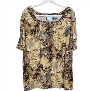 Liz & Me 2X Paisley and Leopard Print Blouse - Brown and Cream